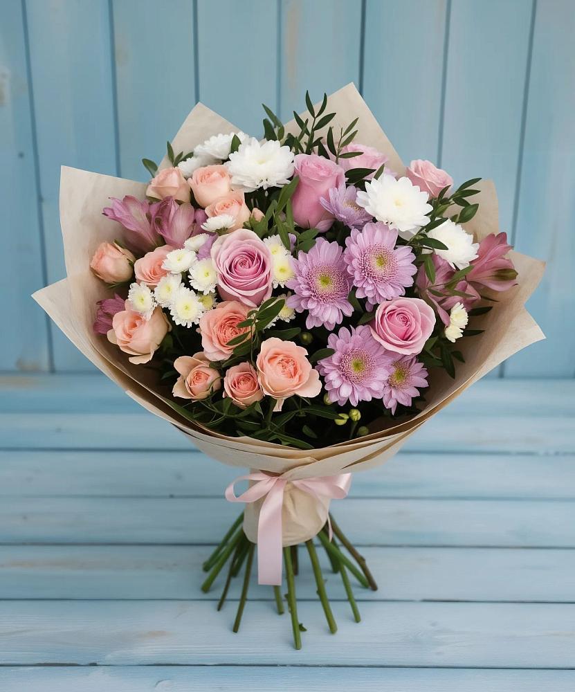 Букет цветов из: Хризантемы, Розы и Альстромерии в Озерах