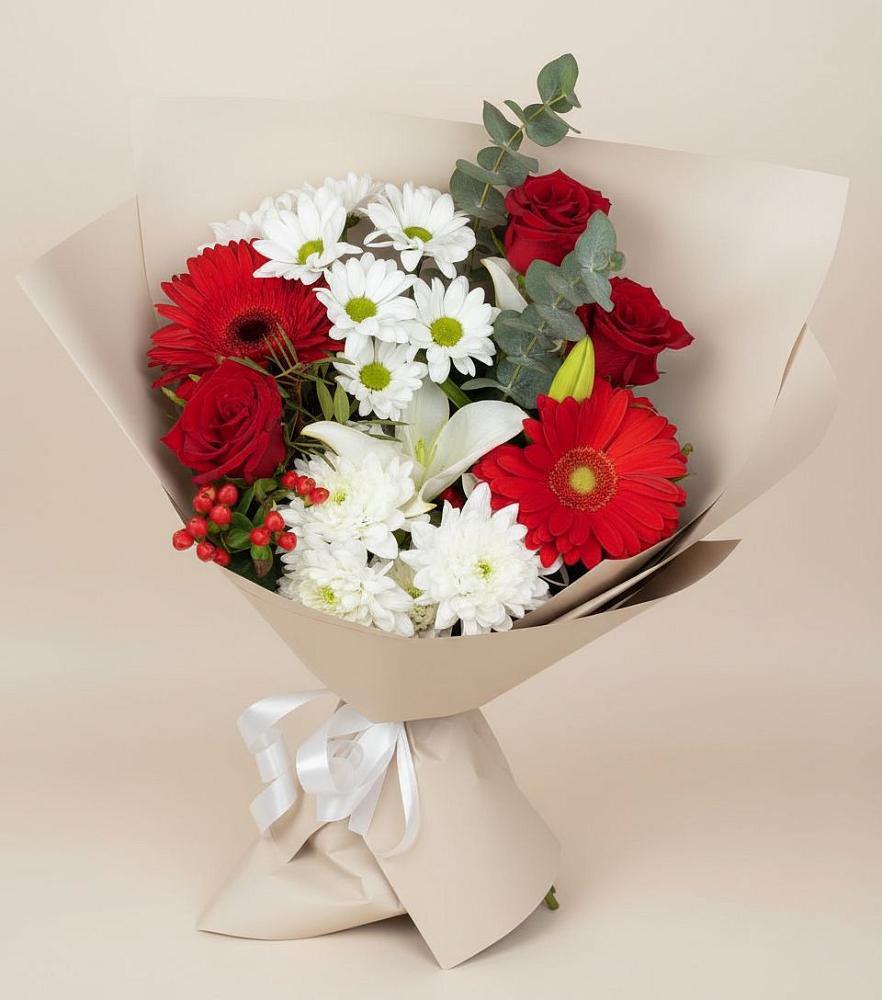 Букет цветов из: Розы, Хризантемы, Герберы и Лилии в Озерах