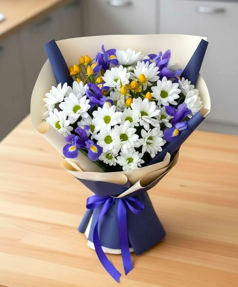 Букет цветов из: Розы, Ирисы и Хризантемы в Озерах